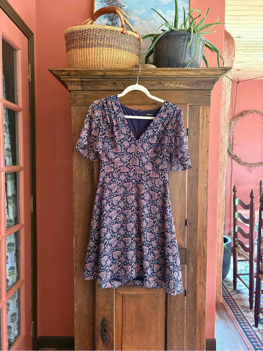 Madewell Navy Floral V-Neck Dress with Pink Accents